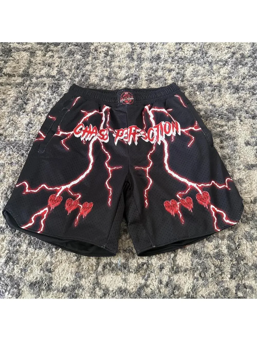 Chase Perfection Lightning Graphic Mesh Athletic Shorts Black Red Y2K